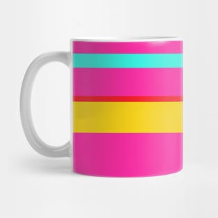 A striking dough of Red (Pigment), Barbie Pink, Metallic Yellow and Fluorescent Blue stripes. Mug